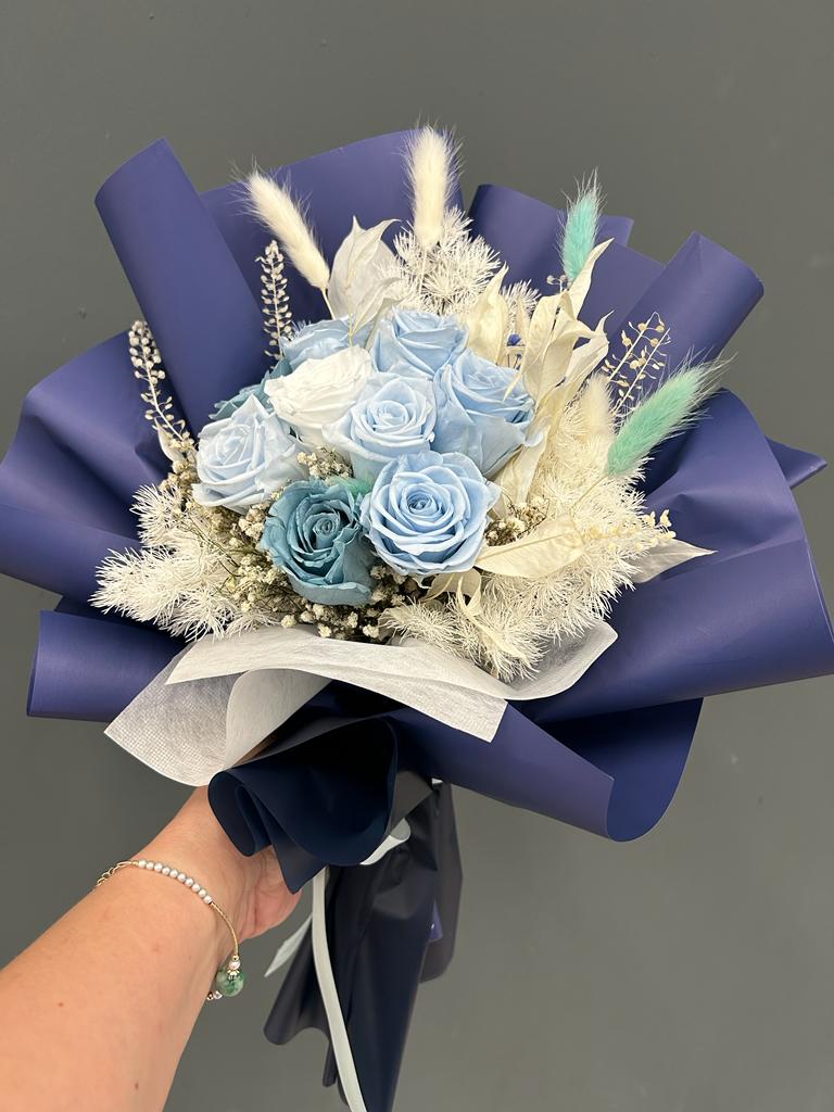 9 stalk blue preserved bouquet